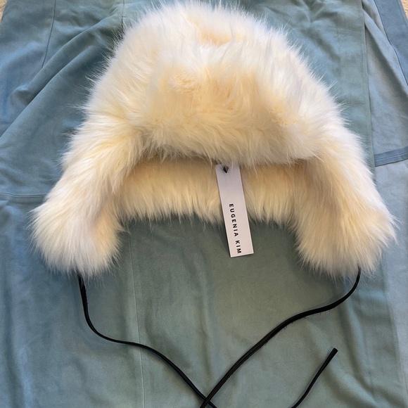 Eugenia Kim Cream Faux Fur Hat with Black Ties NWT